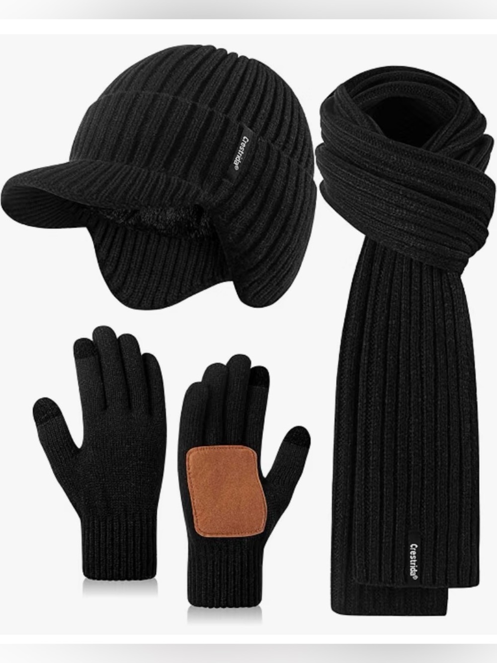 Winter Hat Gloves Scarf Set for Men, Fleece Beanie with Brim & Ear Flaps